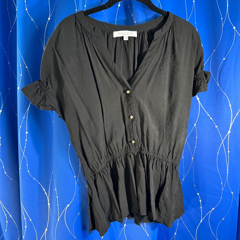 SWEET RAIN Black Peplum Blouse Elastic Waist Ruffle Sleeve V Neck Women's L